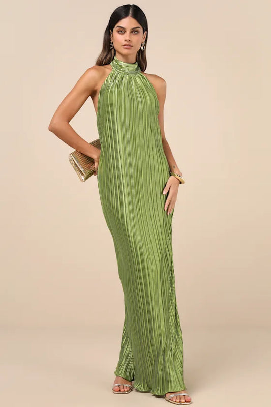 Viral Satin Plisse Maxi Dress