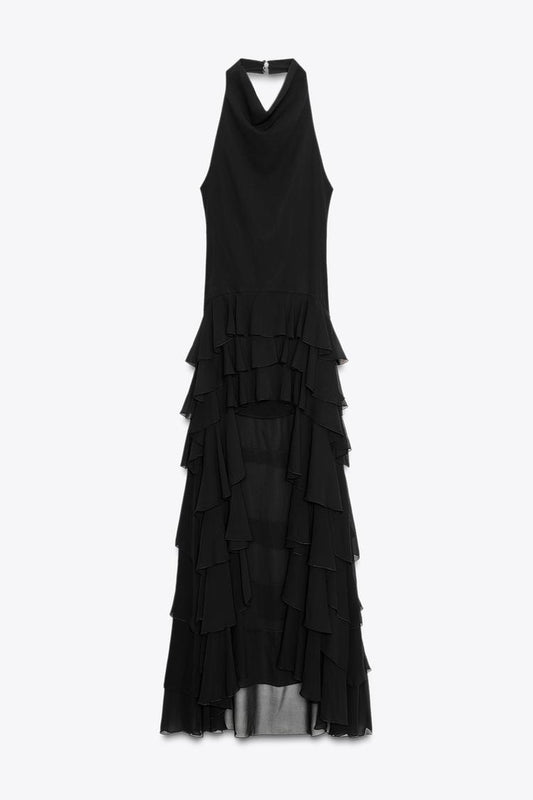 The ÆSTH - Langes Neckholder-Kleid mit Volants